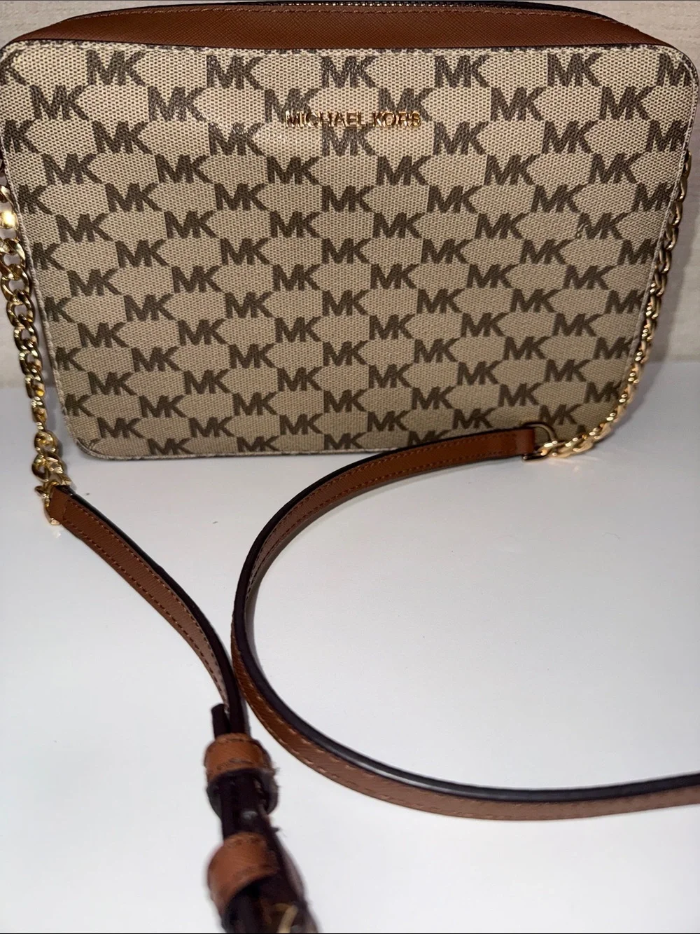 Michael Kors Brown Logo Crossbody with Gold Chain Detail